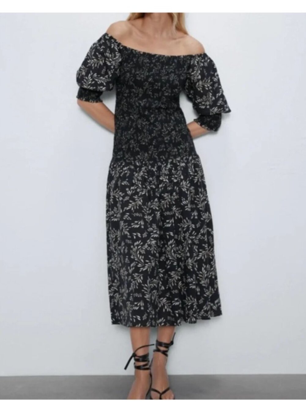 ZARA The Penny Dress Smocked Drop Waist Midi Black Floral Small Cottagecore Chic
